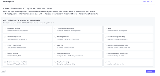 Stripe review step 1 - Select industry